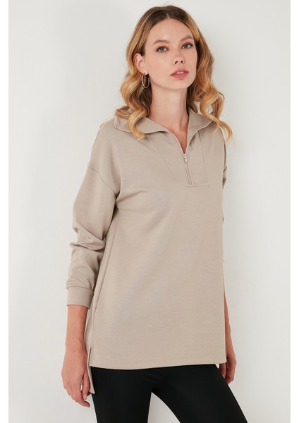 Regular Fit Fermuarlı Yaka Önü Kısa Arkası Uzun Sweat Bayan Sweat 5865876 indirimleri