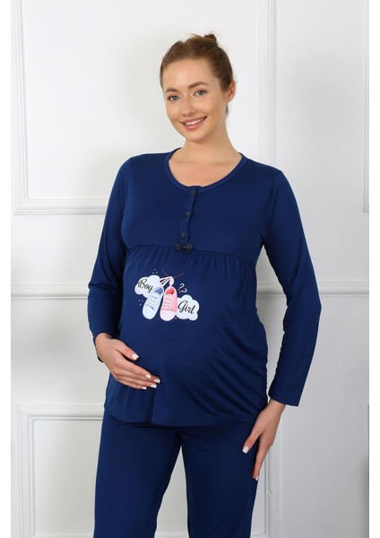 Kadın Uzun Kol Hamile Lohusa Pijama Takımı Lacivert 45501