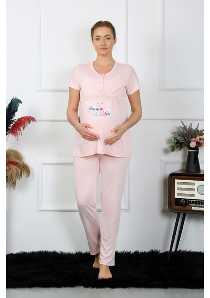 Kadın Kısa Kol Hamile Lohusa Pijama Takımı Pudra 45210 modelleri