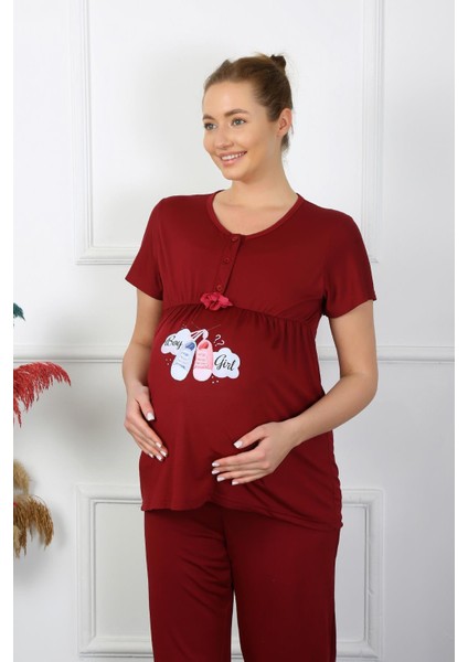 Kadın Kısa Kol Hamile Lohusa Pijama Takımı Bordo 45210