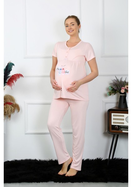 Kadın Kısa Kol Hamile Lohusa Pijama Takımı Pudra 45210