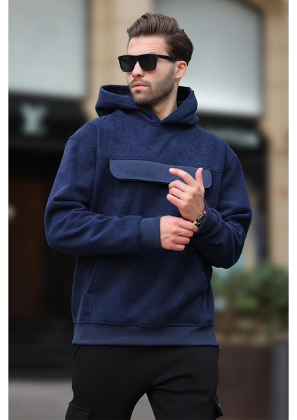 Lacivert Kapüşonlu Kapaklı Cep Detaylı Polar Erkek Sweatshirt 7097