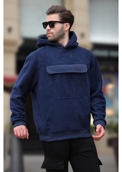 Lacivert Kapüşonlu Kapaklı Cep Detaylı Polar Erkek Sweatshirt 7097 modelleri
