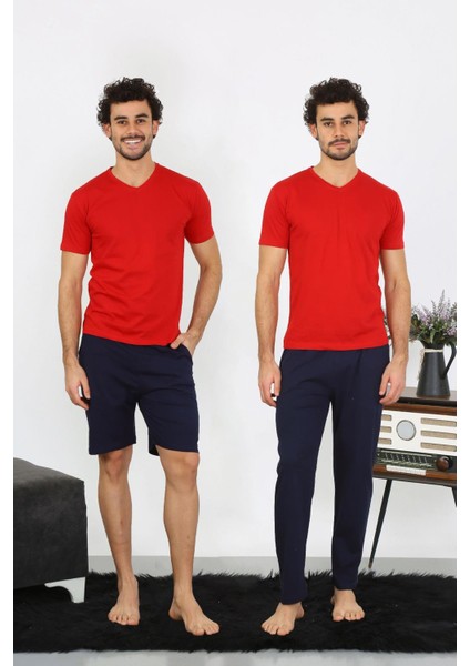 Erkek Penye Kırmızı 3'lü Pijama Takımı 6848