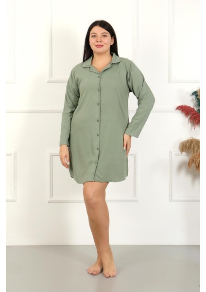 Kadın Büyük Beden Pamuk Düğmeli Uzun Kol Tunik Gecelik 12207