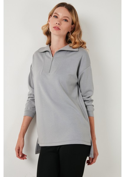 Regular Fit Fermuarlı Yaka Önü Kısa Arkası Uzun Sweat Bayan Sweat 5865876 fırsatları