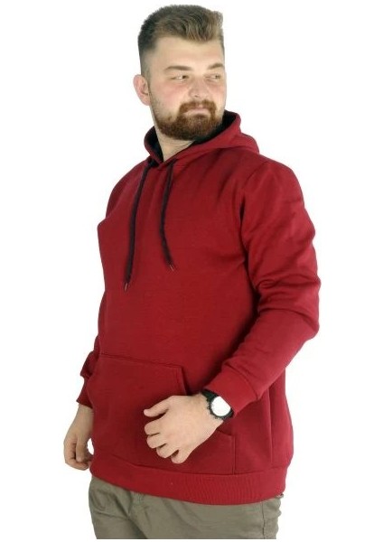 Erkek Sweatshirt Kapşonlu Kanguru Pocket Basic 20562 Bordo