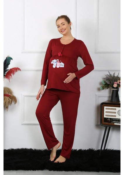 Kadın Uzun Kol Hamile Lohusa Pijama Takımı Bordo 45501 modelleri