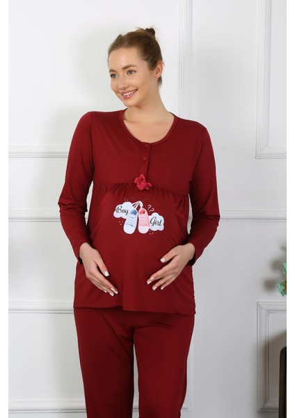 Kadın Uzun Kol Hamile Lohusa Pijama Takımı Bordo 45501 fırsatları