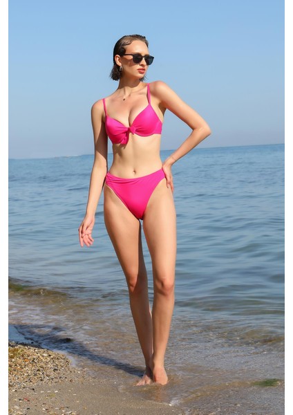 Kadın Destekli Fiyonklu Alt Üst Fuşya Bikini Takım 35008