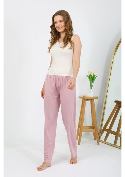 Kadın Penye Düz Tek Alt Pudra Pijama 27538