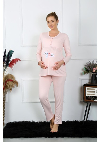 Kadın Uzun Kol Hamile Lohusa Pijama Takımı Pudra 45501