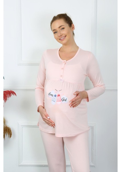 Kadın Uzun Kol Hamile Lohusa Pijama Takımı Pudra 45501 modelleri