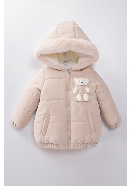 Özel Trend Sevimli Baby Oyuncak Ayı Içi Kürklü Soft Kumaş Cepli Varaklı Kapüşonlu Kışlık Kaban-Mont