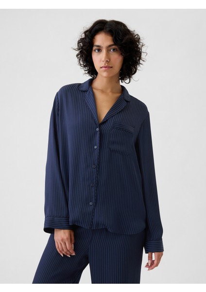 Kadın Lacivert Saten Pijama Üstü