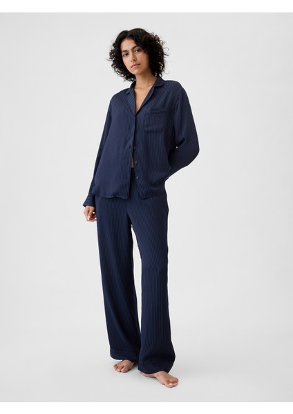 Kadın Lacivert Saten Pijama Üstü