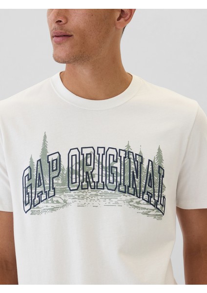 Erkek Kırık Beyaz Gap Logo Grafikli T-Shirt