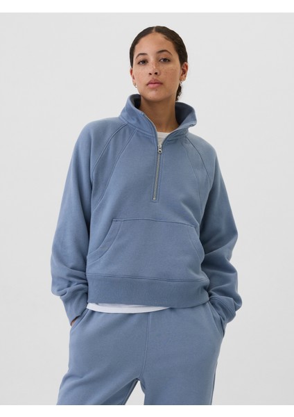 Kadın Mavi Yarım Fermuarlı Fleece Sweatshirt