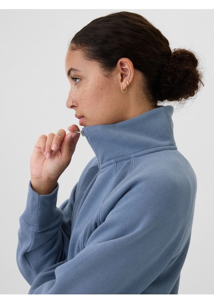 Kadın Mavi Yarım Fermuarlı Fleece Sweatshirt modelleri