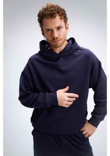 Erkek Timeless Oversize Lacivert Hoodie Sweatshirt