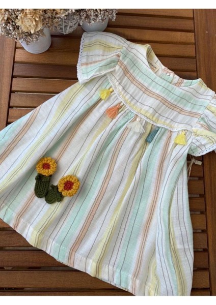 Babyaden Çok Renkli Çizgili Müslin Pamuklu Kız Bebek Elbise