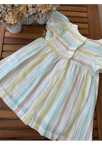 Babyaden Çok Renkli Çizgili Müslin Pamuklu Kız Bebek Elbise fiyatları