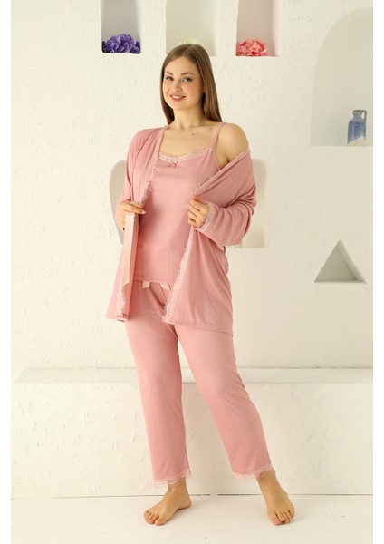 Sabahlıklıklı 3 Parça Çeyizlik Kutulu Kadın Pijama Takımı- Dantelli Kutulu Kadın Pijama- Geniş Beden Aralığı