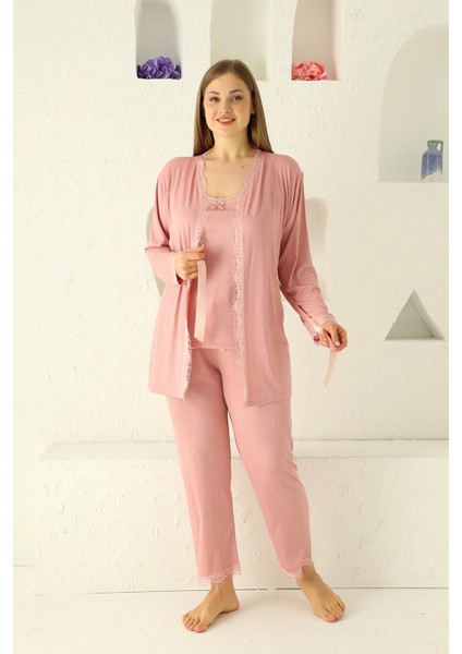 Sabahlıklıklı 3 Parça Çeyizlik Kutulu Kadın Pijama Takımı- Dantelli Kutulu Kadın Pijama- Geniş Beden Aralığı modelleri