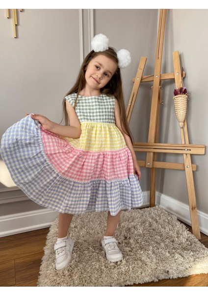 Babyaden Gofre Kumaş Kat Kat Kloş Midi Boy Mavi / Renkli Kız Çocuk Elbise