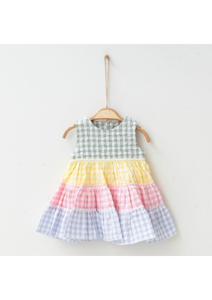 Babyaden Gofre Kumaş Kat Kat Kloş Midi Boy Mavi / Renkli Kız Çocuk Elbise fiyatları