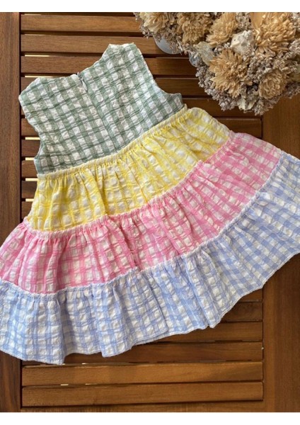 Babyaden Gofre Kumaş Kat Kat Kloş Midi Boy Mavi / Renkli Kız Çocuk Elbise fırsatları