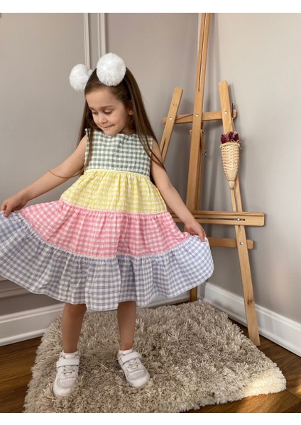 Babyaden Gofre Kumaş Kat Kat Kloş Midi Boy Mavi / Renkli Kız Çocuk Elbise indirimleri