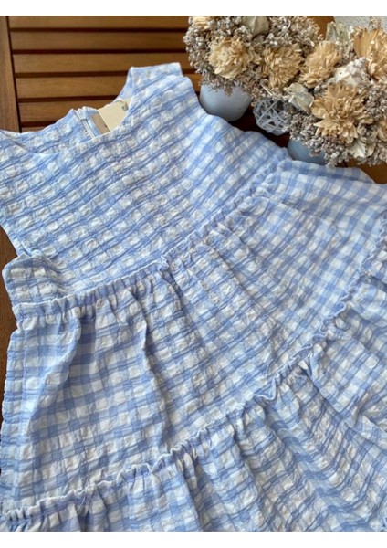 Babyaden Gofre Kumaş Kat Kat Kloş Midi Boy Mavi / Renkli Kız Çocuk Elbise