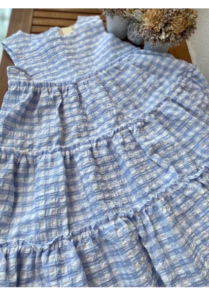 Babyaden Gofre Kumaş Kat Kat Kloş Midi Boy Mavi / Renkli Kız Çocuk Elbise