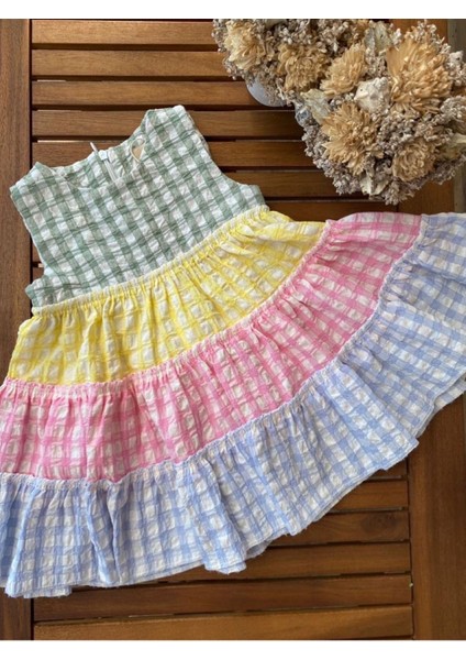 Babyaden Gofre Kumaş Kat Kat Kloş Midi Boy Mavi / Renkli Kız Çocuk Elbise