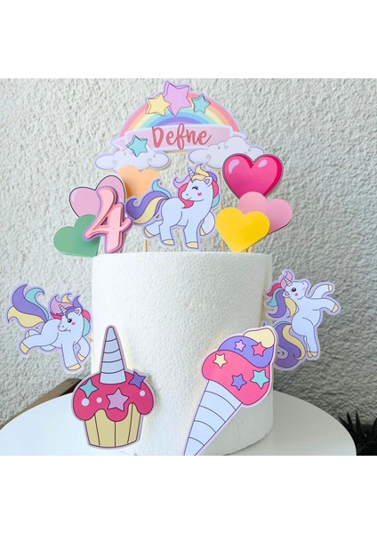 Cake Topper Unicorn Temalı Kız Çocuk Doğum Günü Isme Özel Çubuklu 3d Pasta Süsü Seti