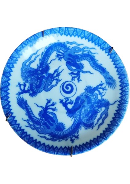 Antik/vintage El Boyaması, Kobalt Rengi, Ejderhalı Japon Tabağı