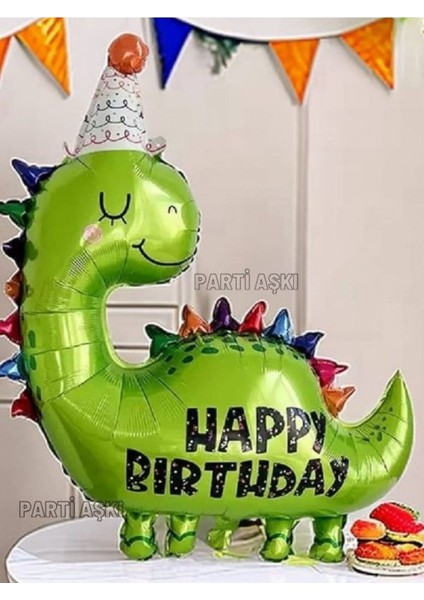 Parti Aşkı Yeşil Happy Birthday Sevimli Dinazor Folyo Balon 89*86 Cm Hayvan Figürlü Doğum Günü (Helyum Uyumlu)