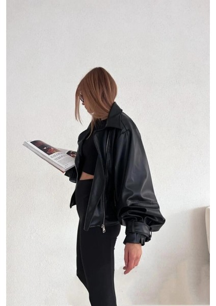 Kadın Siyah Oversize Balon Kol Detaylı Deri Ceket Mont modelleri