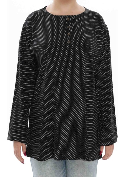 Modasen Siyah Beyaz Puantiyeli Pamuklu Kumaş Kadın Bluz
