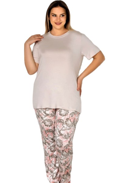 Büyük Beden Yazlık Kısa Kol Kadın Pijama Takımı Vizon