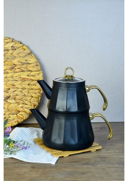 Alüminyum Siyah Granit Çaydanlık Takımı, 2,3 L, Metal Saplı, Dayanıklı ve şık tasarım