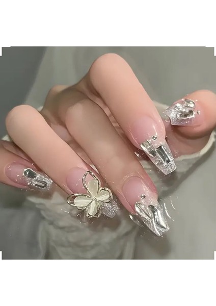 Trend Vitrin Takma Tırnak 3D Nail Art Baskılı - Fiyonk Kabartmalı - Jel - Gümüş - Küt