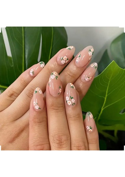 Trend Vitrin Takma Tırnak - Yeşil Çiçek - Oval - Jel - 3D Nail Art Baskılı