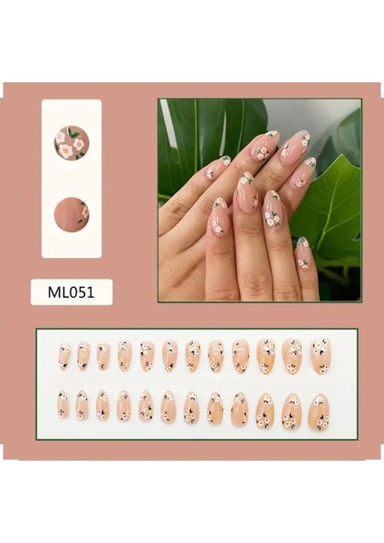 Trend Vitrin Takma Tırnak - Yeşil Çiçek - Oval - Jel - 3D Nail Art Baskılı