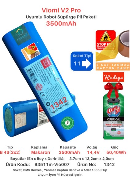 Viomi V2 Pro 3500MAH Uyumlu Batarya Robot Süpürge Pili B3511M-VIO007