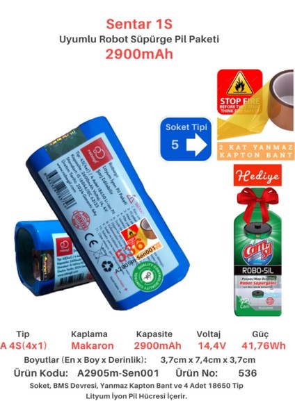 Sentar 1s 2900MAH Uyumlu Batarya Robot Süpürge Pili A2905M-SEN001