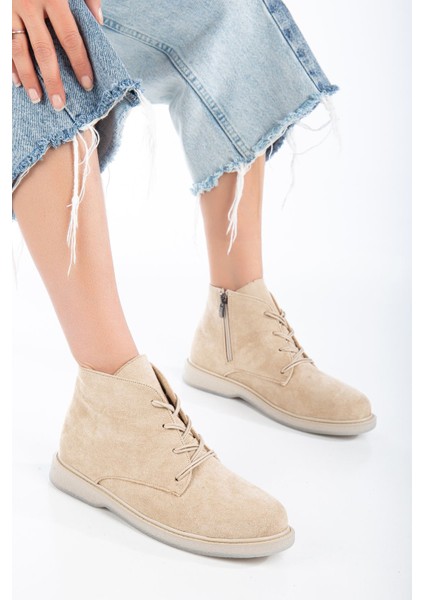 Jason Krem Süet Bağcıklı Şeffaf Taban Detaylı Kadın Bot