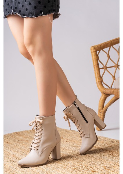 Gesto Krem Cilt Yüksek Topuklu Bağcık Detaylı Kadın Bot modelleri