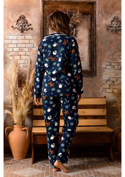 Kadın Kışlık Welsoft Peluş Polar Düğmeli Pijama Takımı